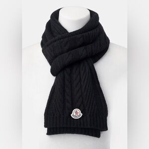 Moncler Black Cable Knit Scarf 80” Long Logo Patch Luxury Winter Unisex